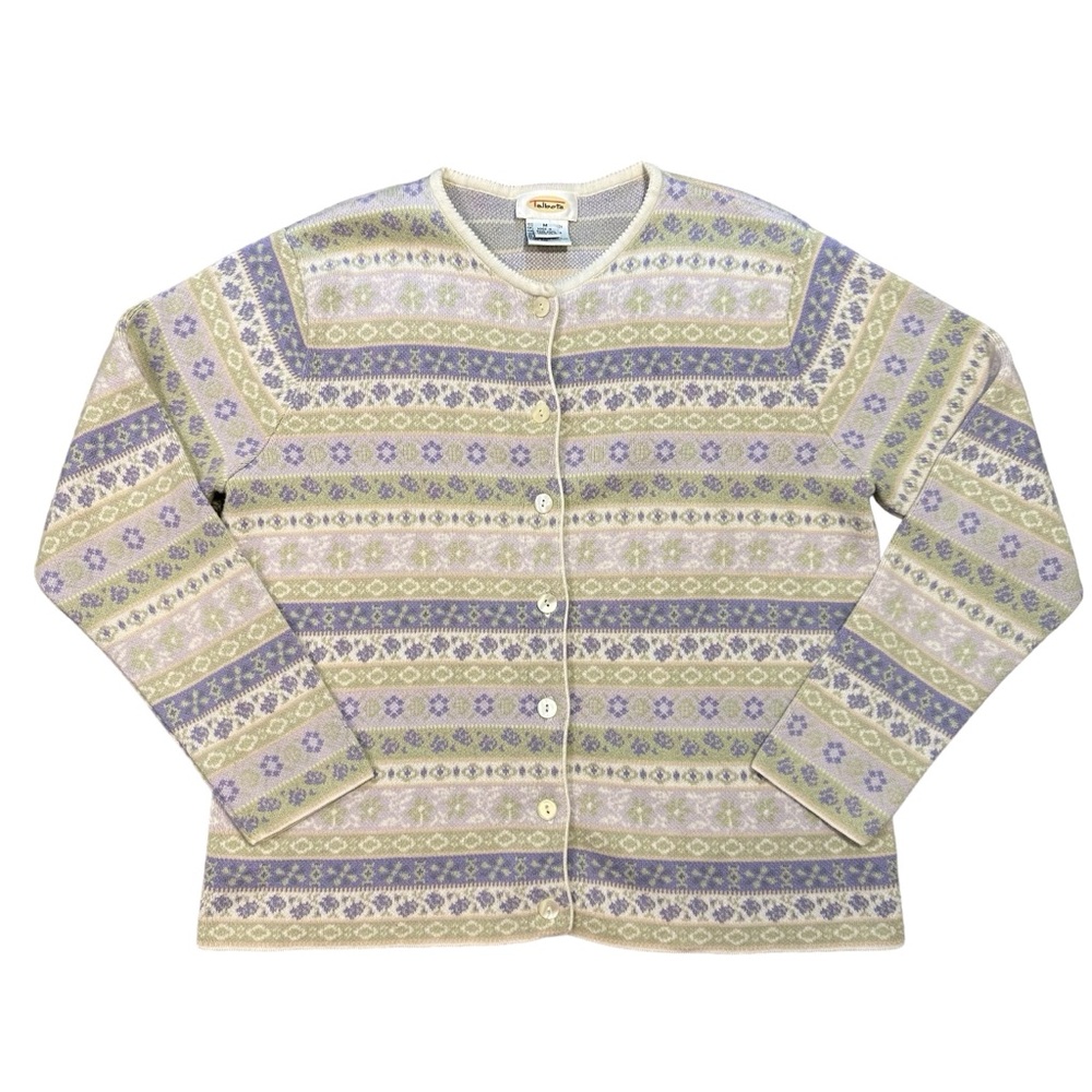 Vintage Talbots Cotton Cottagecore Lavender & Sage Fair Isle Button Up Cargidan